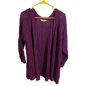 Terra & Sky Plum Purple Pointelle Open Front Cardigan Sweater Womens 0X 14W